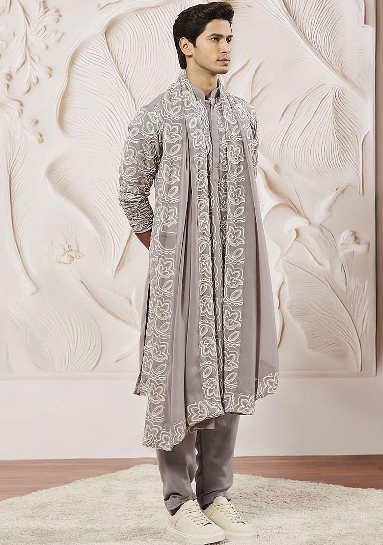Lavender Floral Print Poly Blend Kurta Set For Men