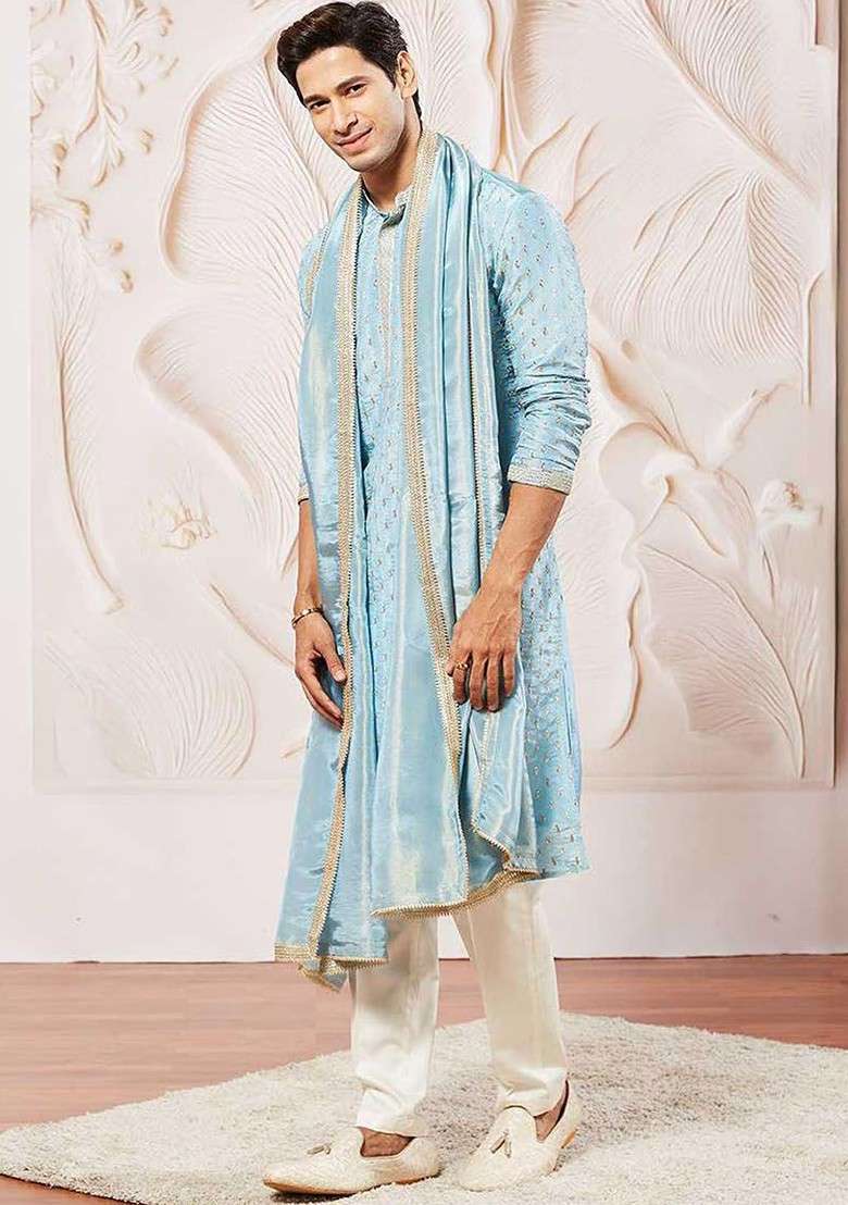 Blue Floral Print Poly Blend Kurta Set For Men - Indya