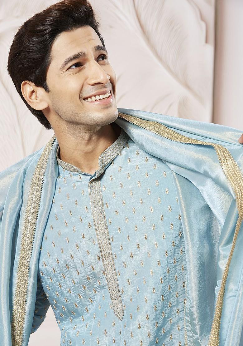 Blue Floral Print Poly Blend Kurta Set For Men