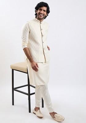 Cream Solid Poly Blend Kurta Set For Men