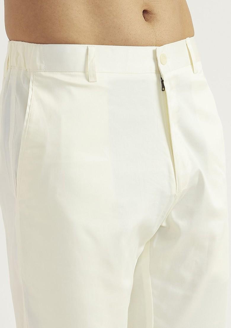 Cream Solid Poly Blend Kurta Set For Men