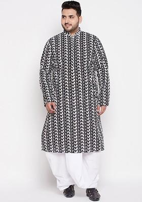 Black Ethnic Motifs Cotton Kurta Set For Men
