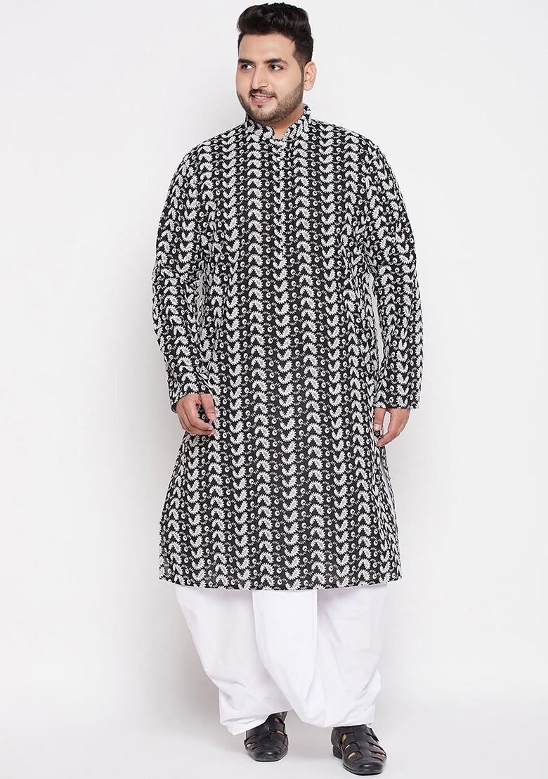 Black Ethnic Motifs Cotton Kurta Set For Men