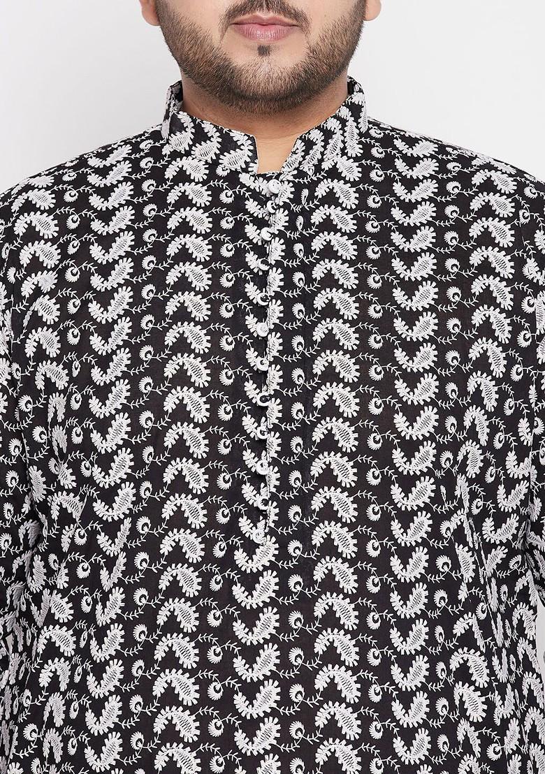 Black Ethnic Motifs Cotton Kurta Set For Men