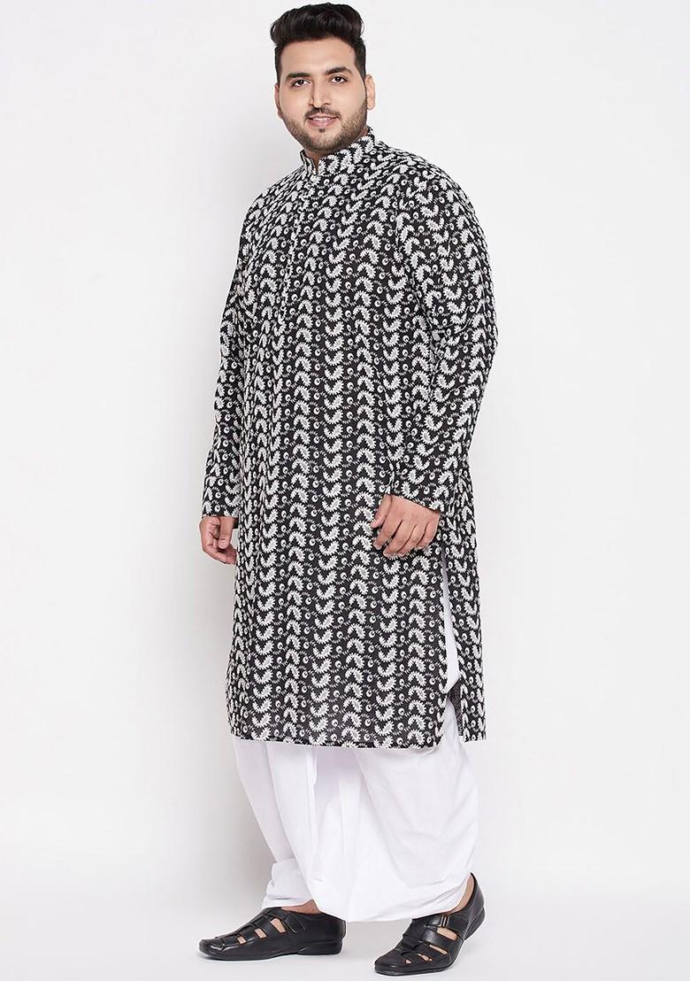 Black Ethnic Motifs Cotton Kurta Set For Men