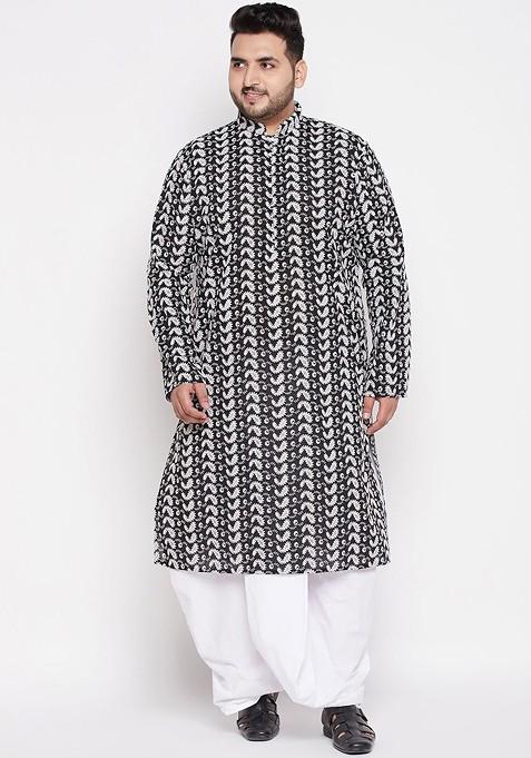 Black Ethnic Motifs Cotton Kurta Set For Men