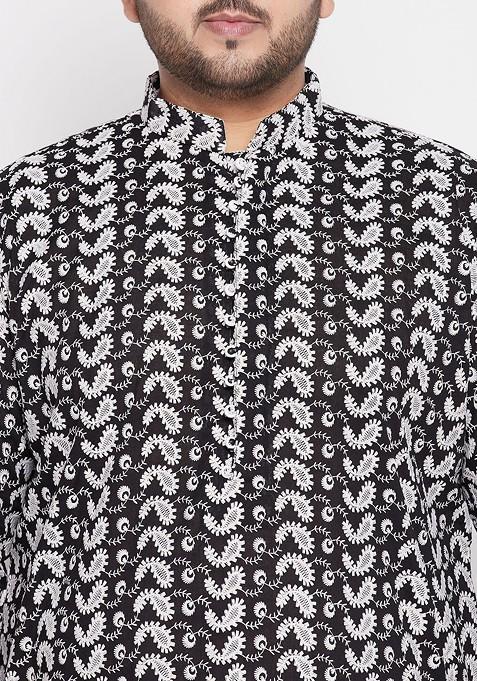 Black Ethnic Motifs Cotton Kurta Set For Men