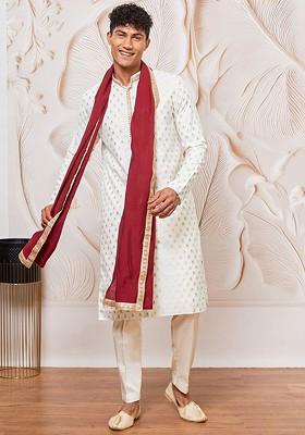 Cream Solid Poly Blend Kurta Set For Men