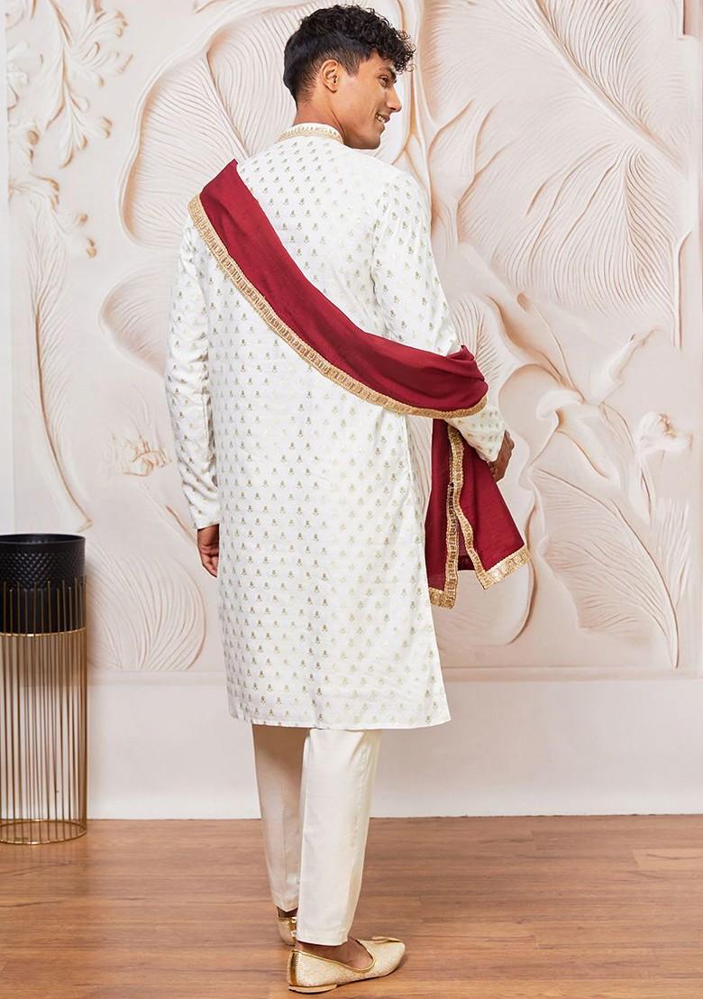 Cream Solid Poly Blend Kurta Set For Men