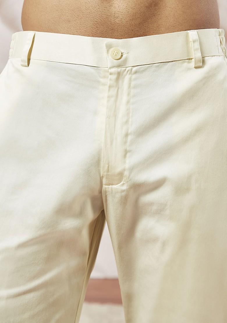 Cream Solid Poly Blend Kurta Set For Men