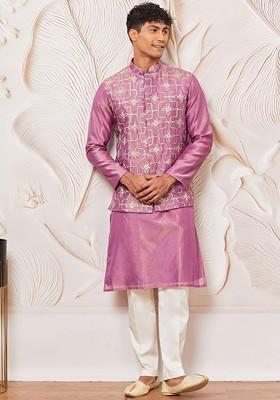Purple Embroidered Poly Blend Kurta Set For Men