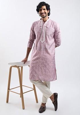 Pink Embroidered Poly Blend Kurta Set For Men