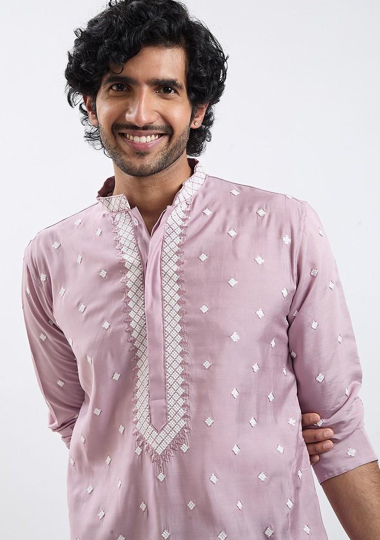 Pink Embroidered Poly Blend Kurta Set For Men