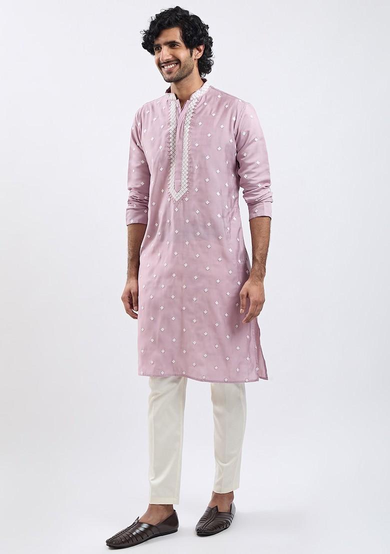Pink Embroidered Poly Blend Kurta Set For Men