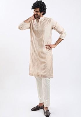 Beige Floral Print Poly Blend Kurta Set For Men