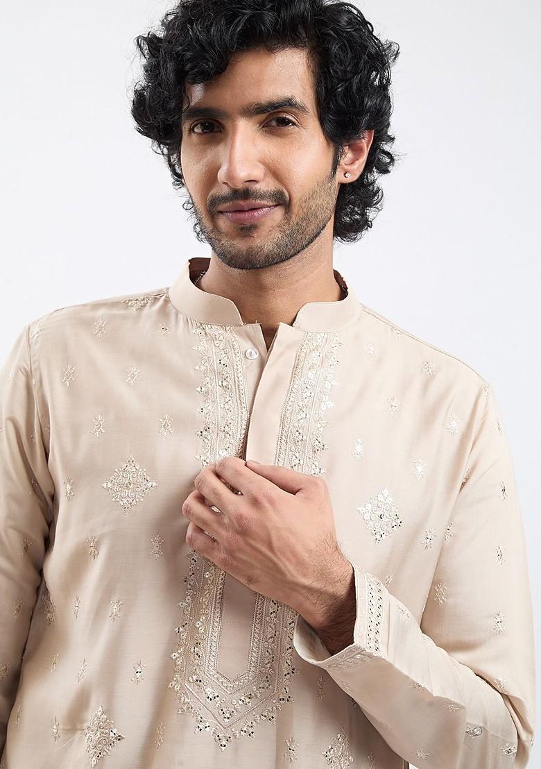 Beige Floral Print Poly Blend Kurta Set For Men