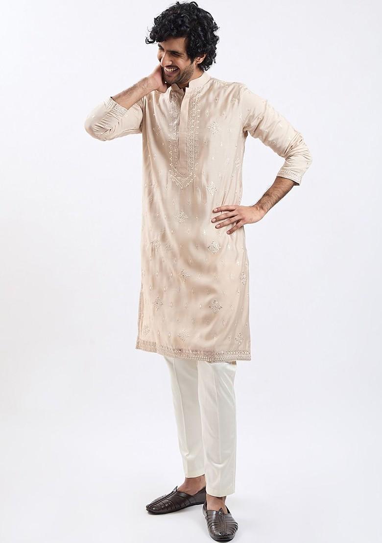 Beige Floral Print Poly Blend Kurta Set For Men