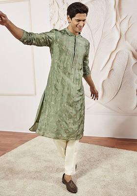 Green Floral Print Silk Kurta Set For Men