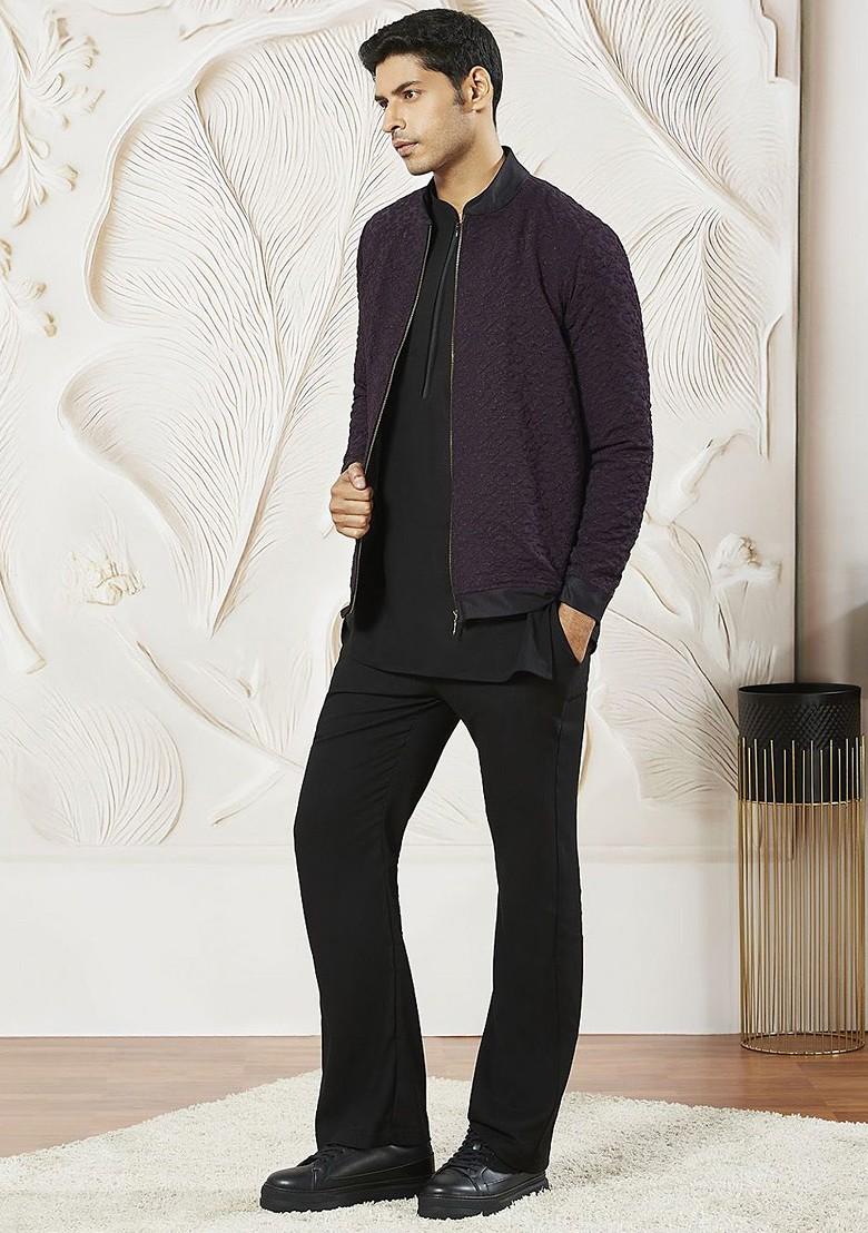 Burgundy Solid Poly Blend Kurta Set For Men