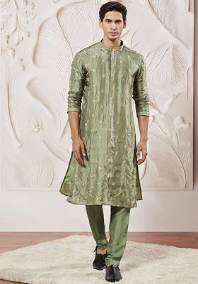 Green Floral Print Poly Blend Kurta Set For Men