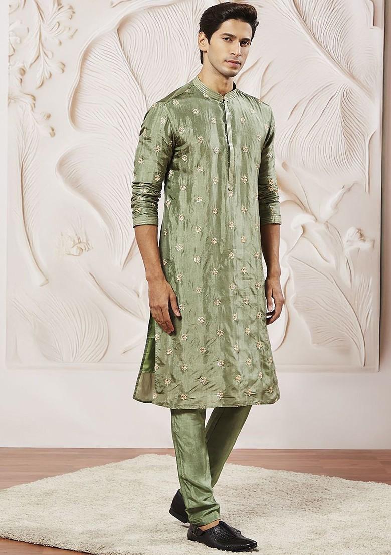 Green Floral Print Poly Blend Kurta Set For Men