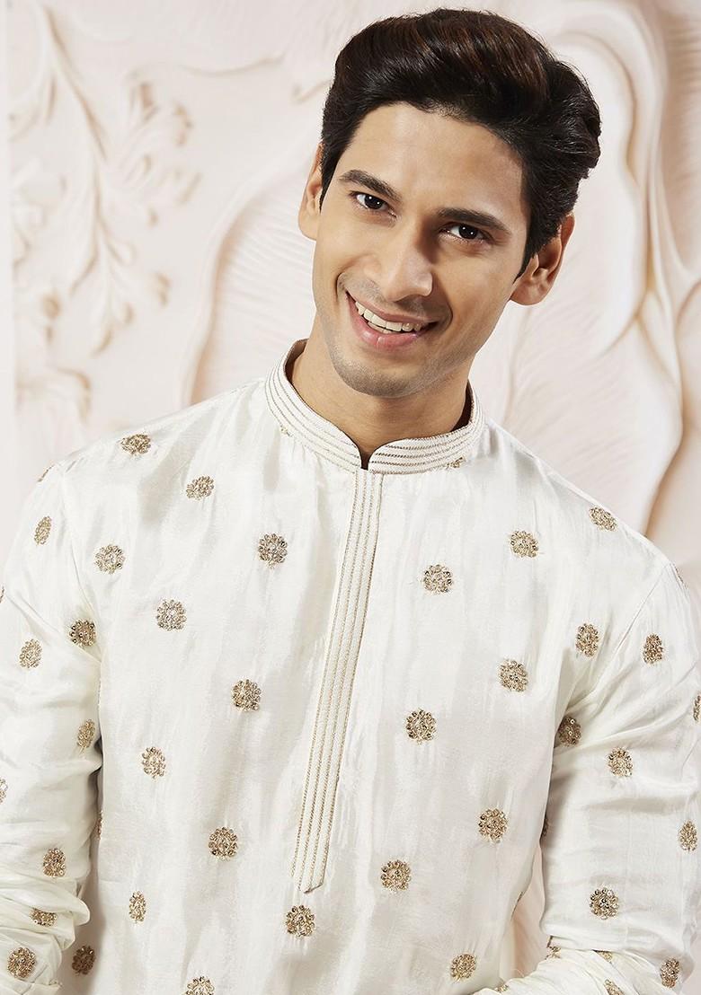 White Floral Print Poly Blend Kurta Set For Men