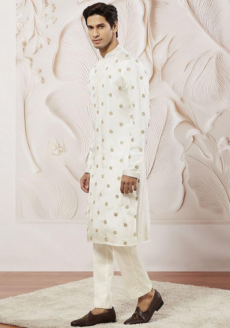 White Floral Print Poly Blend Kurta Set For Men