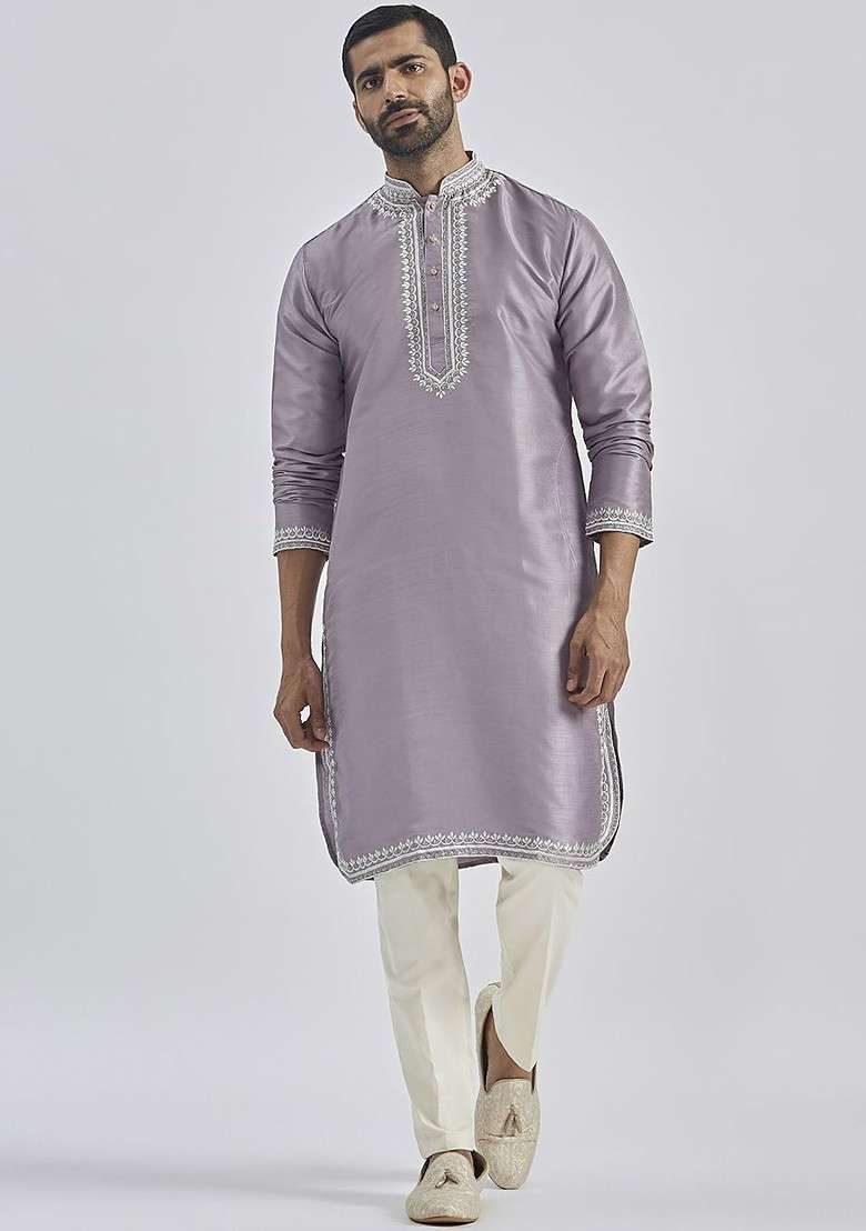Purple Ethnic Motifs Poly Blend Kurta Set For Men - Indya