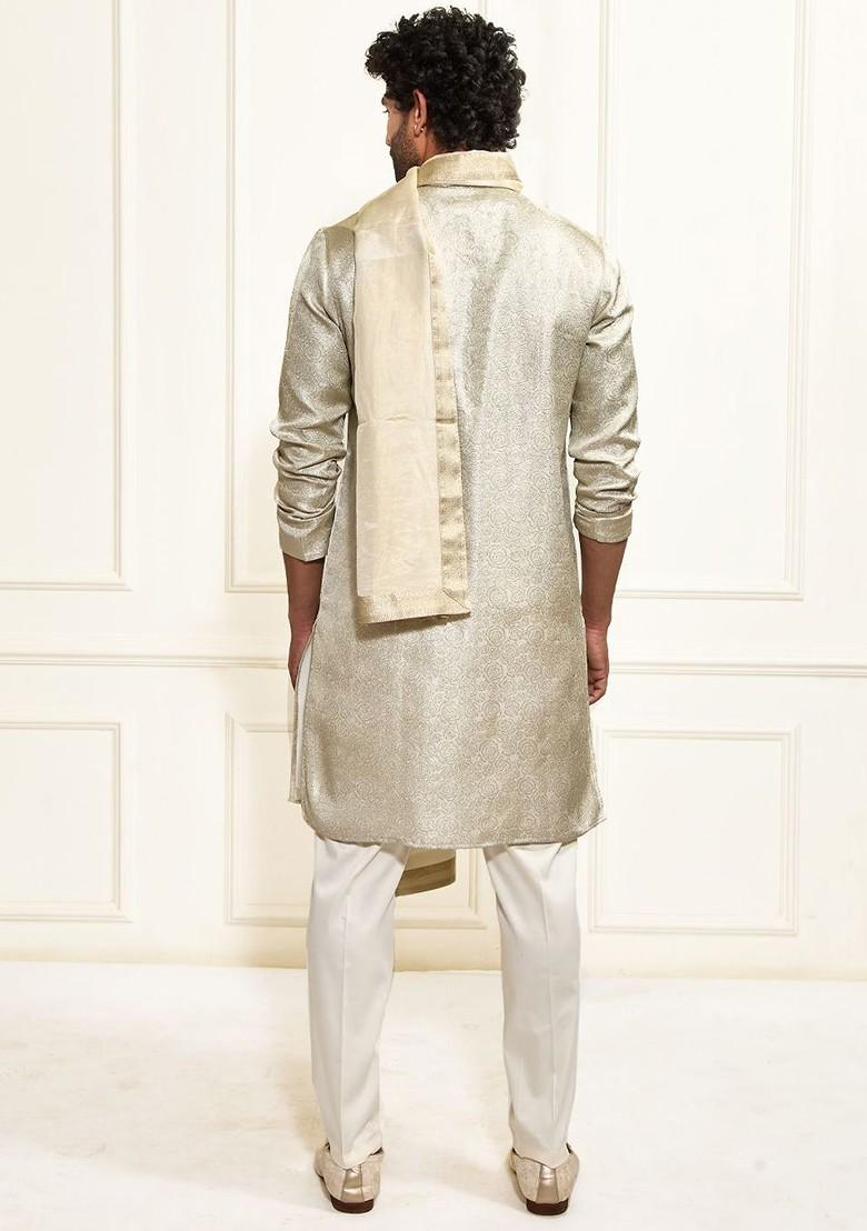 Beige Sequin Work Poly Blend Kurta Set For Men