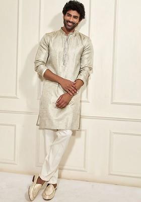 Beige Sequin Work Poly Blend Kurta Set For Men