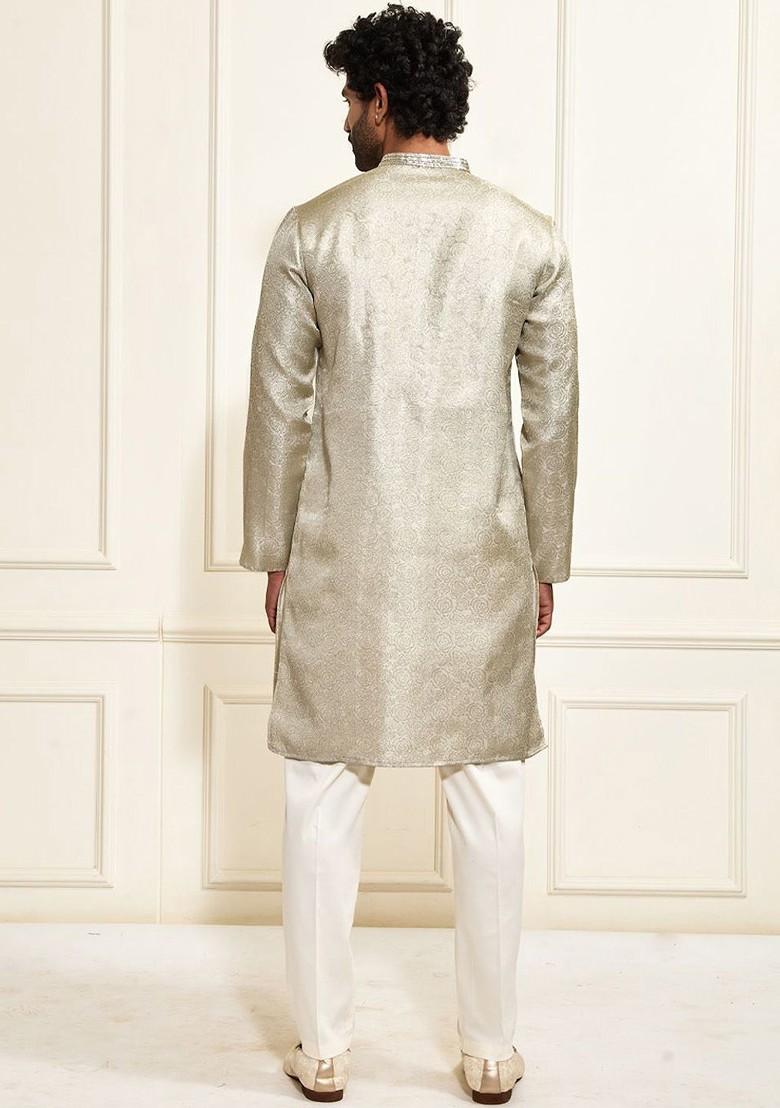 Beige Sequin Work Poly Blend Kurta Set For Men