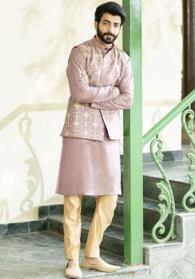 Purple Floral Print Poly Blend Kurta Set For Men
