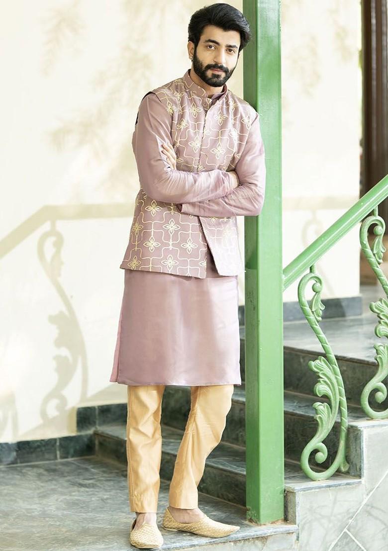 Purple Floral Print Poly Blend Kurta Set For Men