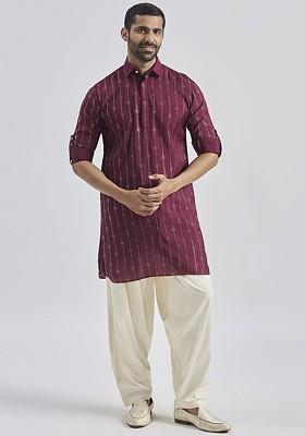 Burgundy Printed Poly Blend Kurta Set For Men