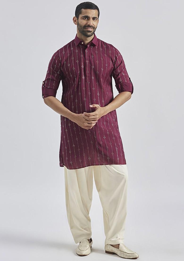 Burgundy Printed Poly Blend Kurta Set For Men