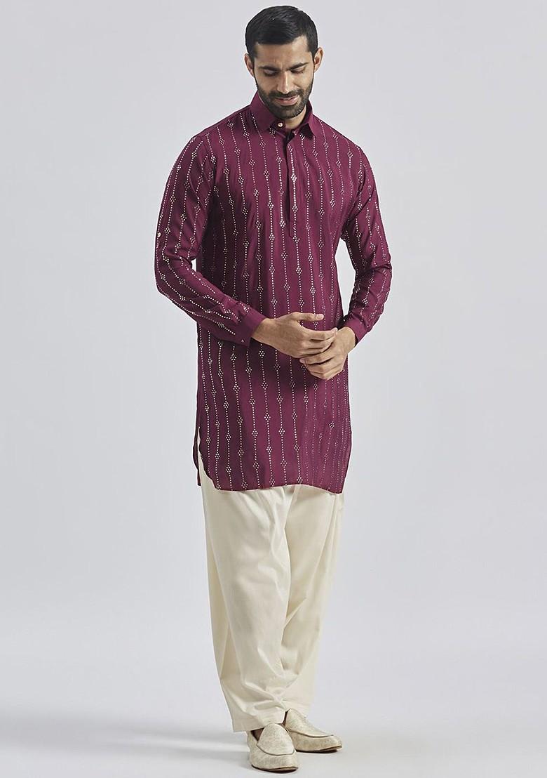 Burgundy Printed Poly Blend Kurta Set For Men