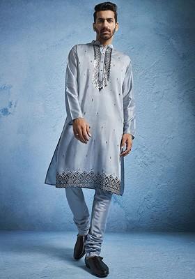 Grey Embroidered Poly Blend Kurta Set For Men
