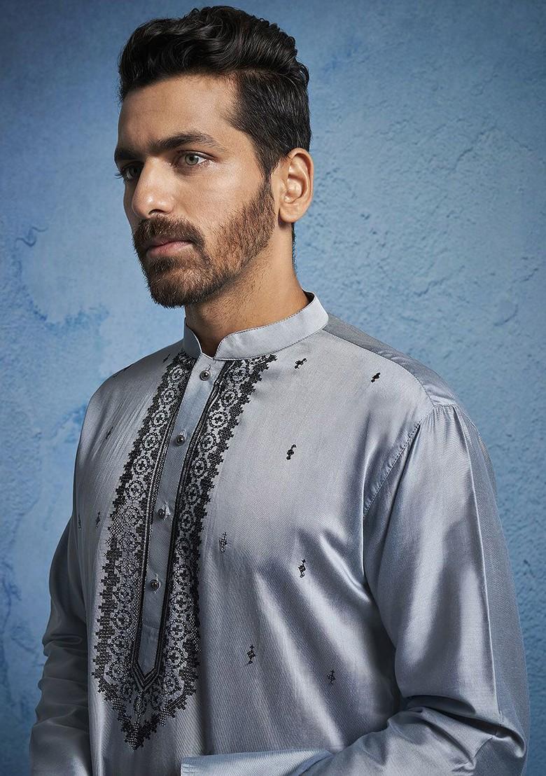 Grey Embroidered Poly Blend Kurta Set For Men