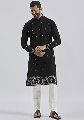Black Floral Print Jacquard Kurta Set For Men