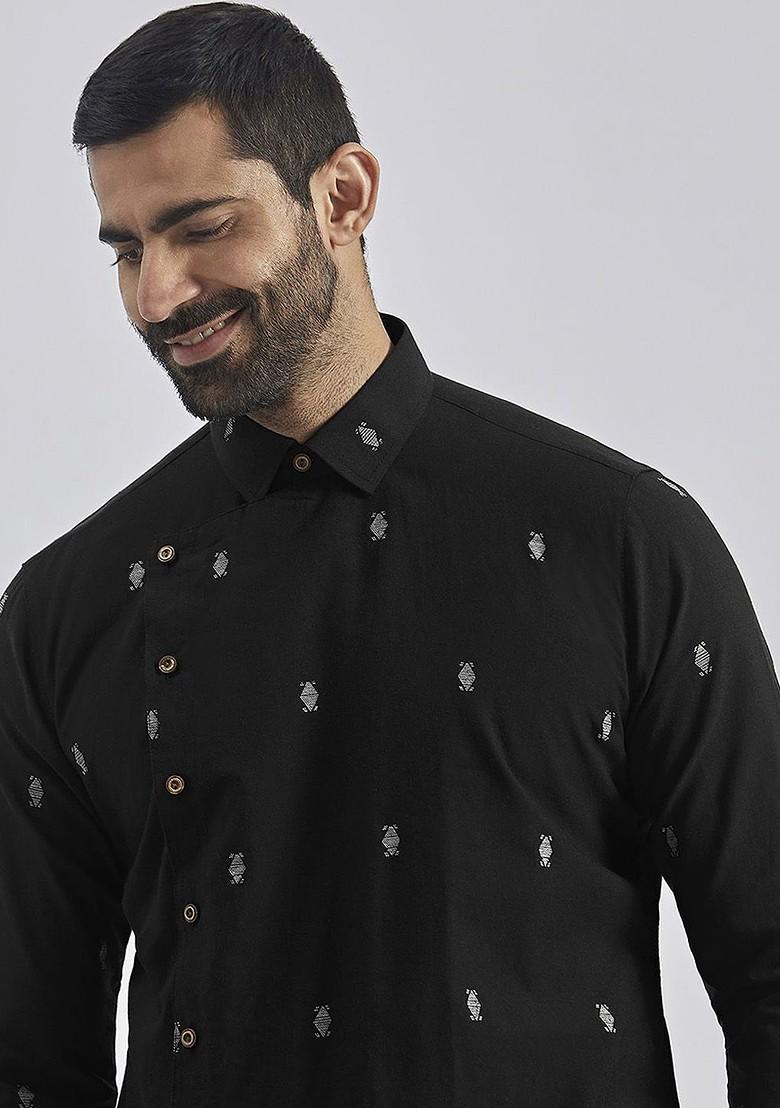 Black Floral Print Jacquard Kurta Set For Men