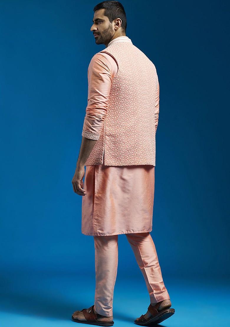 Pink Ethnic Motifs Poly Blend Kurta Set For Men