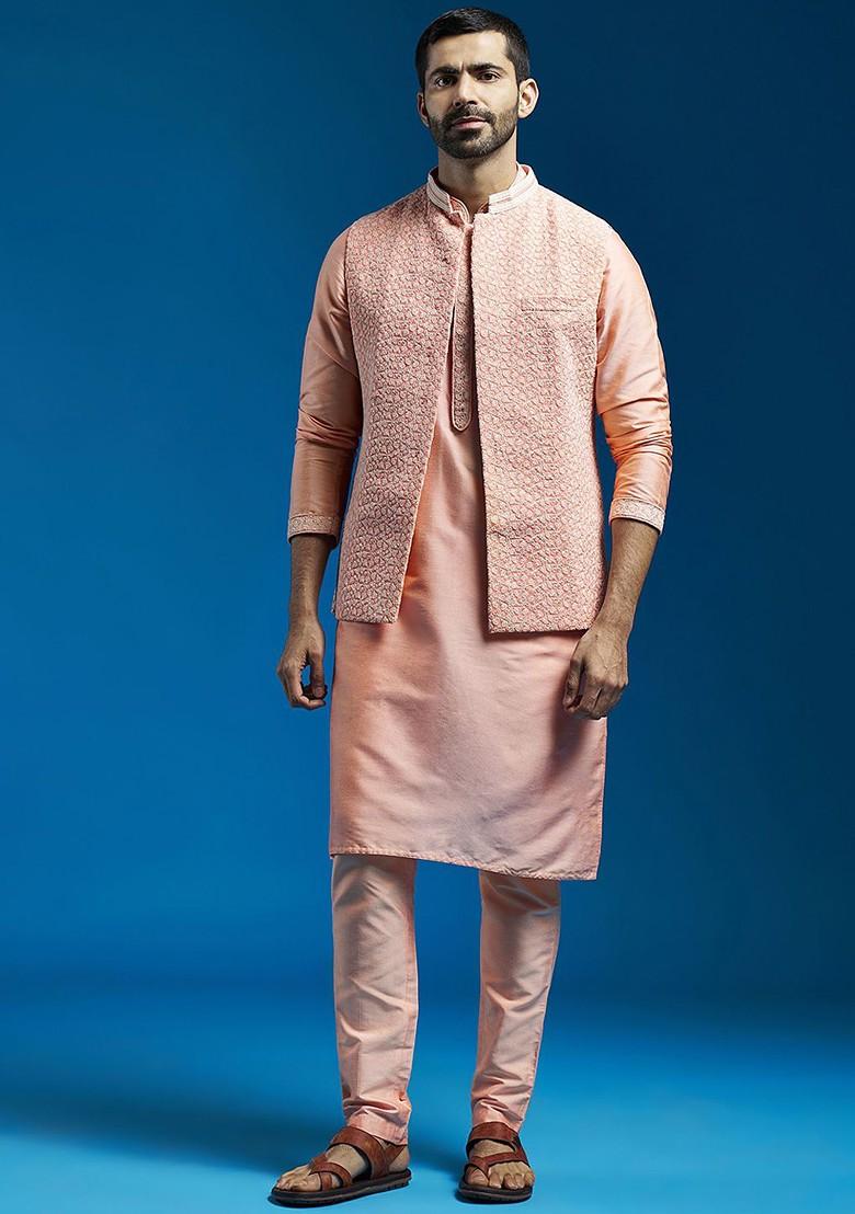 Pink Ethnic Motifs Poly Blend Kurta Set For Men
