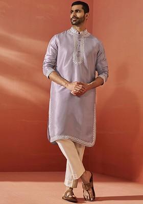 Purple Ethnic Motifs Poly Blend Kurta Set For Men