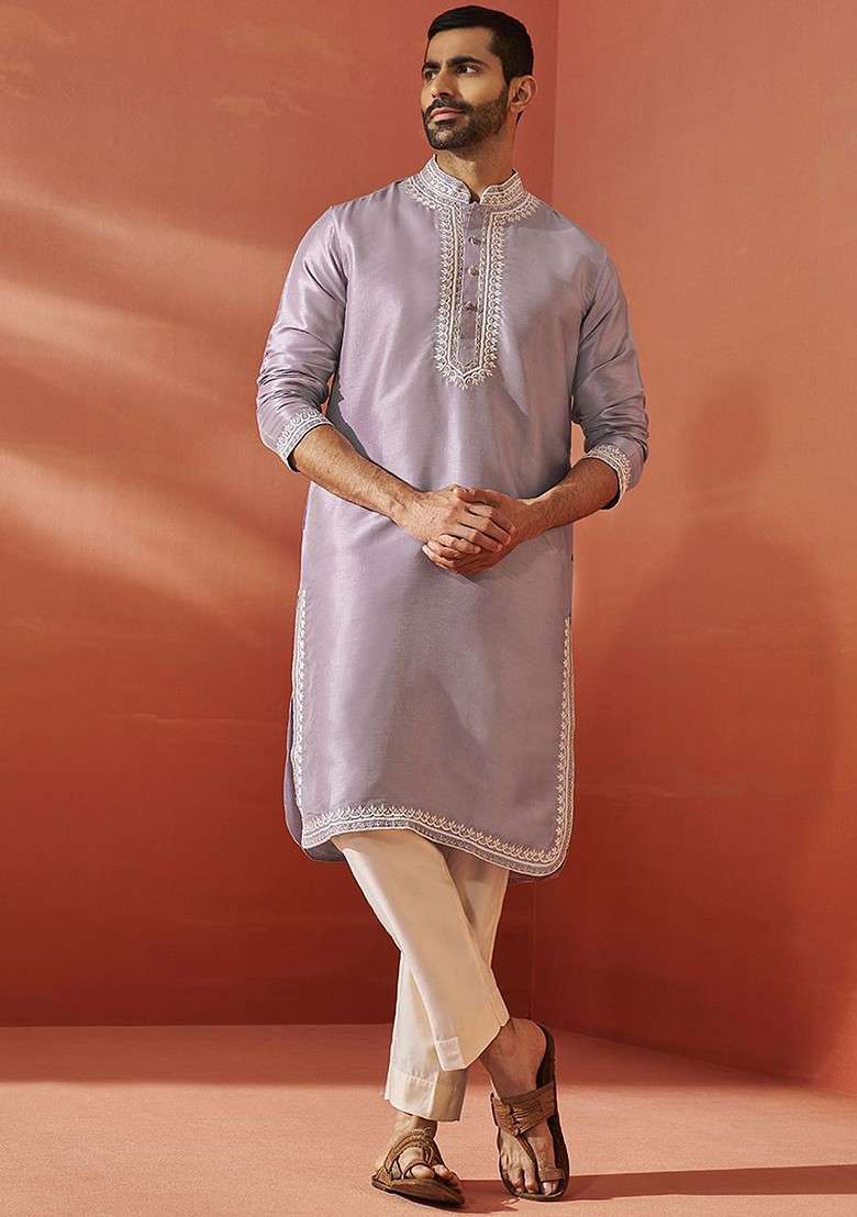 Purple Ethnic Motifs Poly Blend Kurta Set For Men - Indya