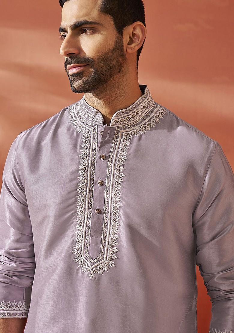 Purple Ethnic Motifs Poly Blend Kurta Set For Men