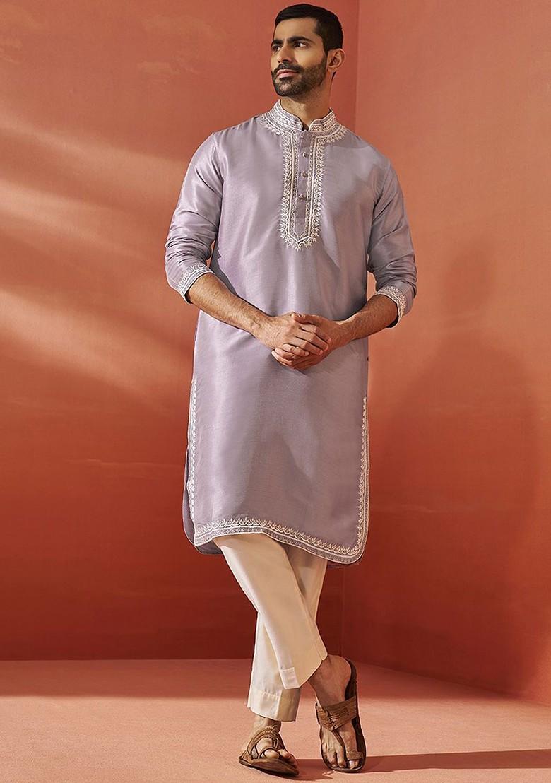 Purple Ethnic Motifs Poly Blend Kurta Set For Men