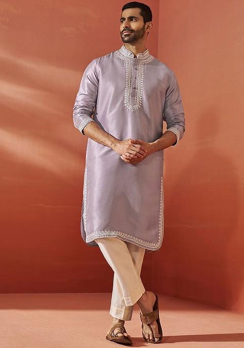 Purple Ethnic Motifs Poly Blend Kurta Set For Men — view on Indya