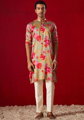 Olive Floral Print Poly Blend Kurta Set For Men