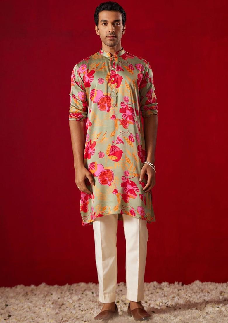 Olive Floral Print Poly Blend Kurta Set For Men