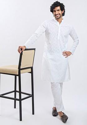 White Floral Print Poly Blend Kurta Set For Men